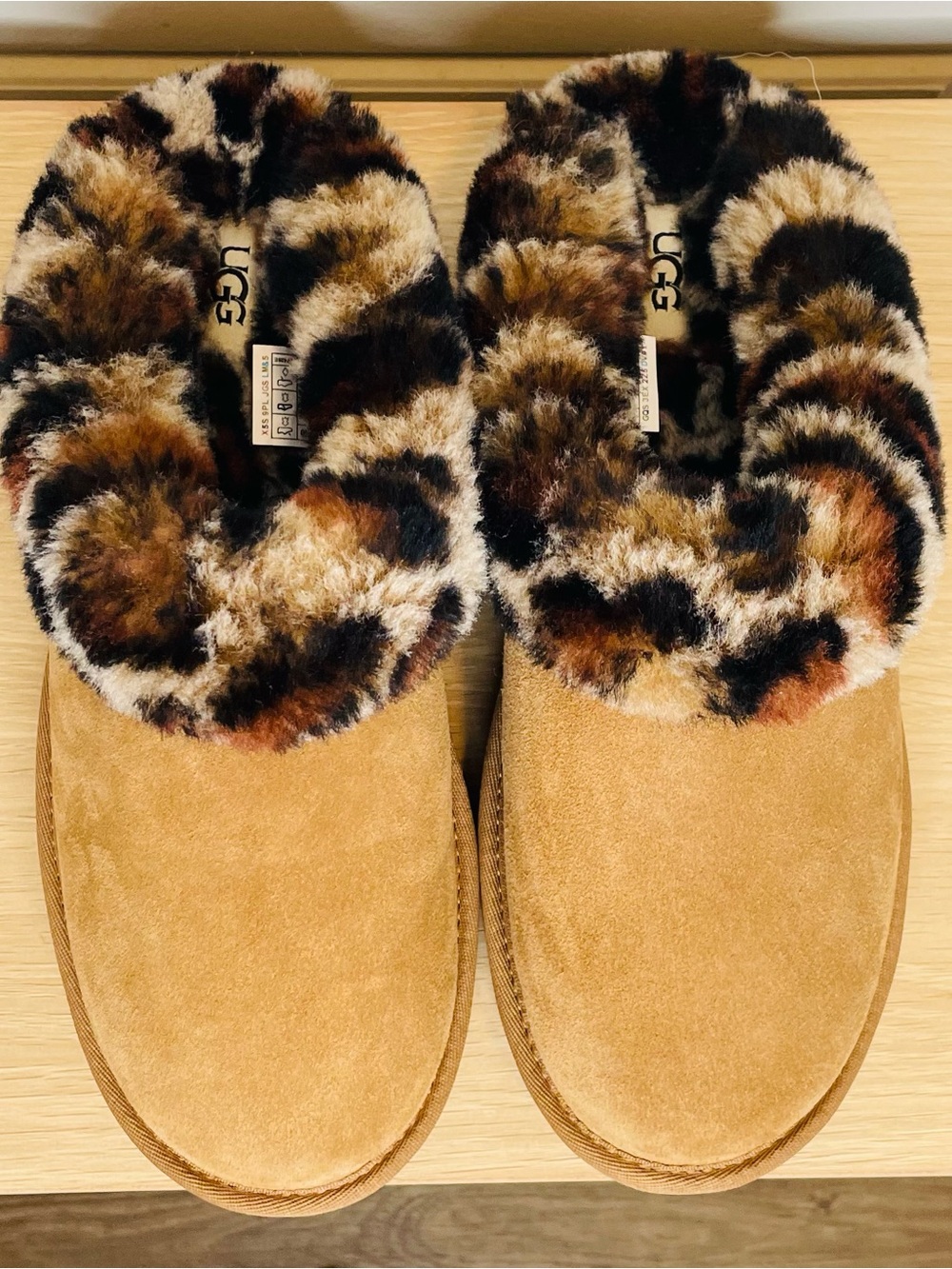 UGG Women's Chestnut Suede Slipper with Leopard-Print Faux-Fur Cuff